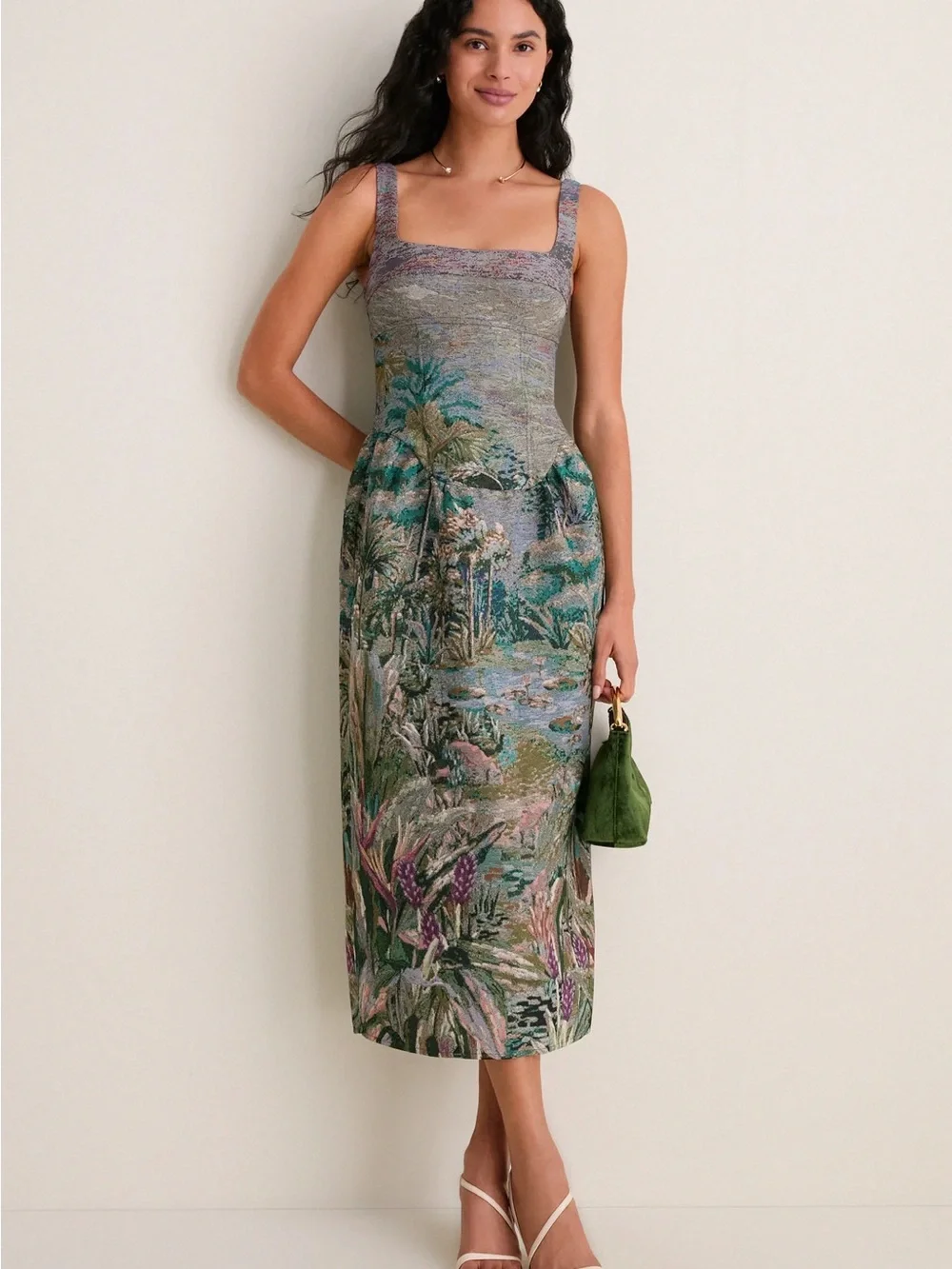 Farm Rio Petricor Floral Tapestry Square-Neck Midi Dress in Multicolor